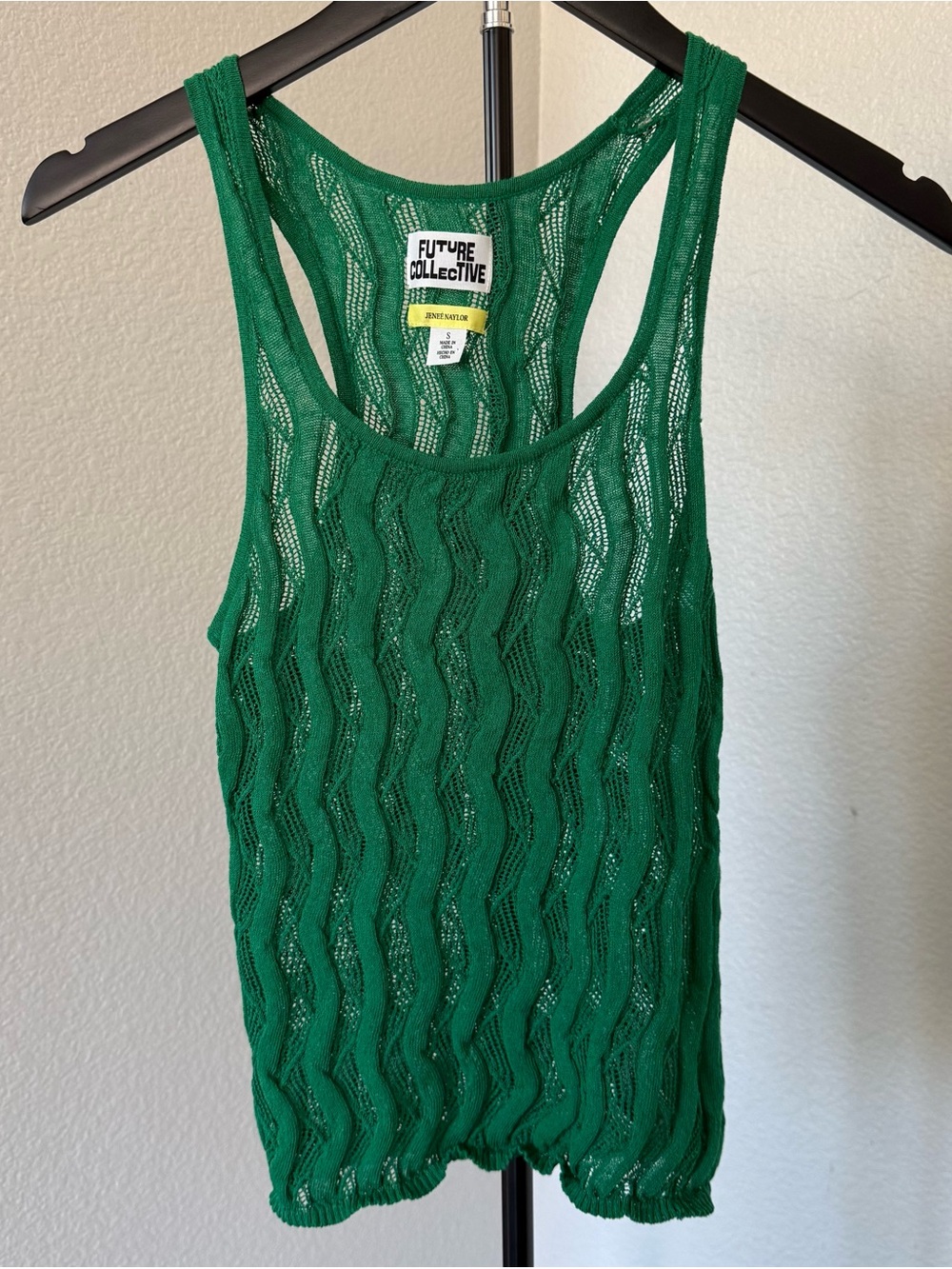 Future Collective Jenee Naylor Green Open Knit Racerback Tank Top S